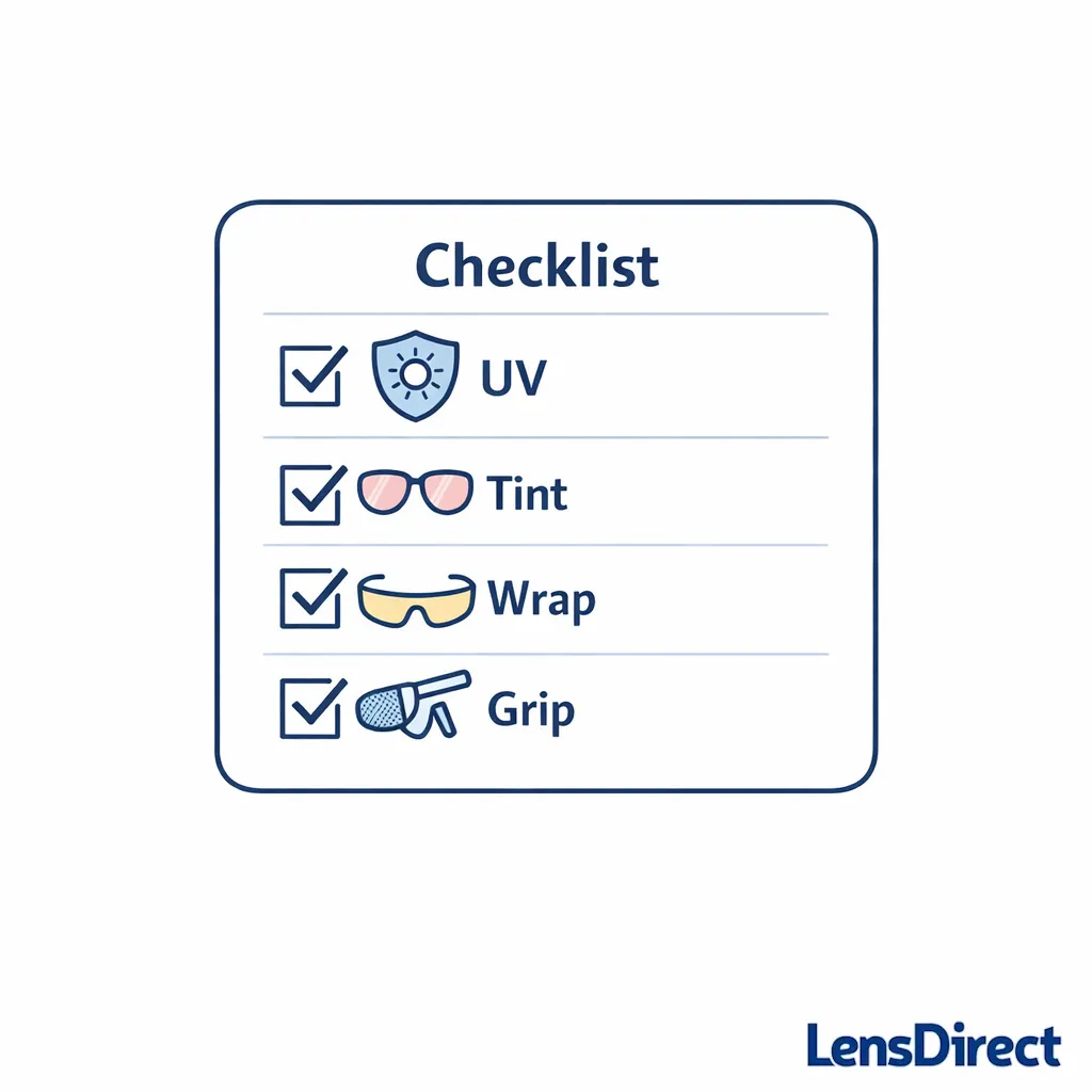 Minimal checklist of key features for bright-court sunglasses: UV, tint, wrap, and grip.
