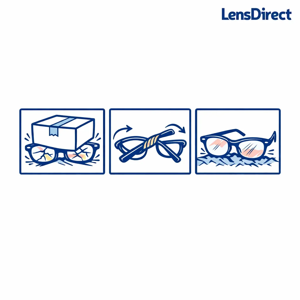 Line-art diagram shows crushing, bending, and abrasion risks to glasses during shipping.