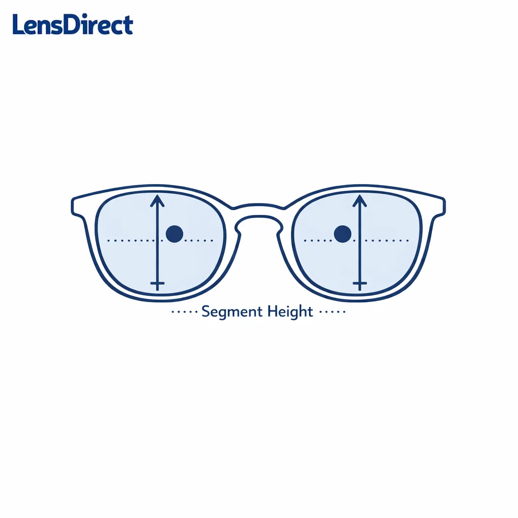Minimal line-art glasses show vertical segment height from lens bottom to pupil center.