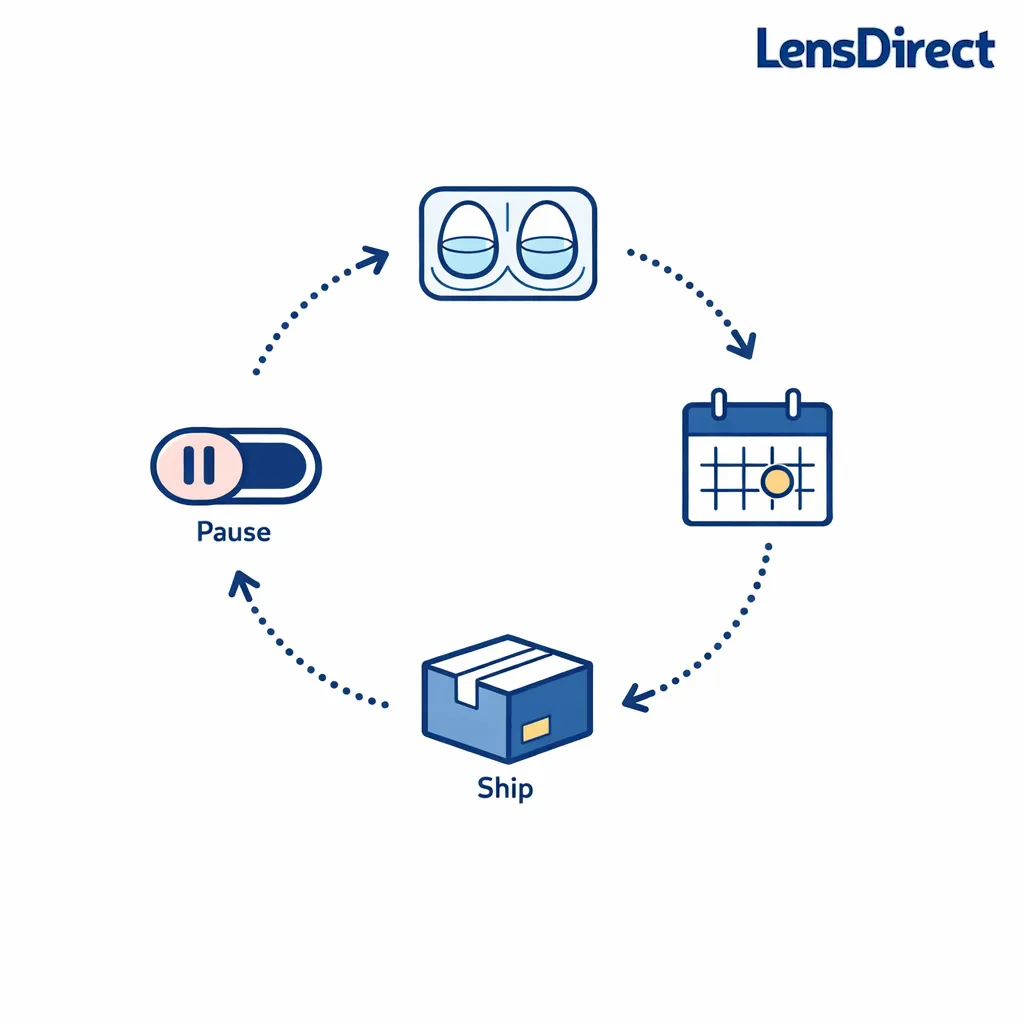 A simple loop diagram shows selecting lenses, choosing cadence, shipping, and easy pause or skip controls.