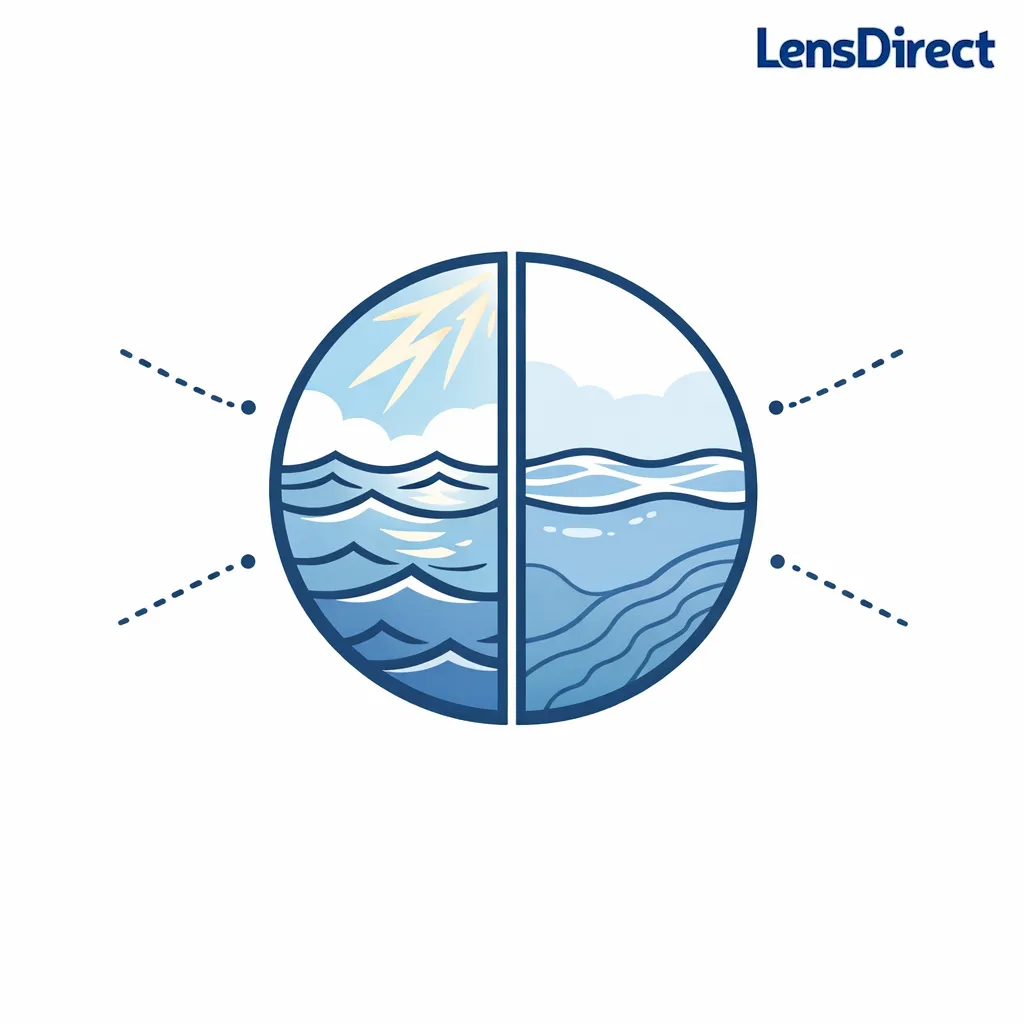 A split view shows harsh water glare versus a clearer scene through a polarized lens.