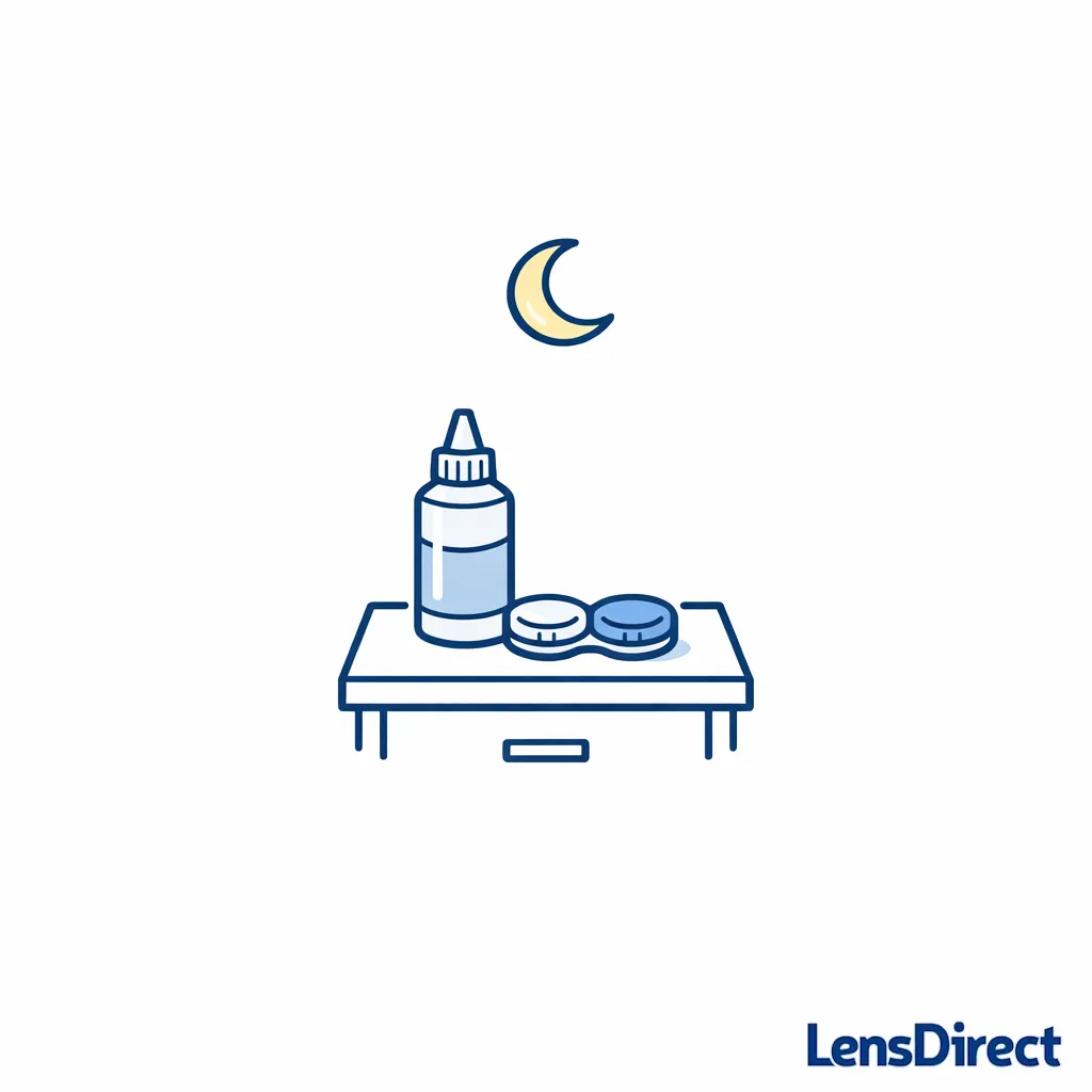 A compact bedside setup shows multipurpose bottle and case next to a small moon icon for nightly routine.