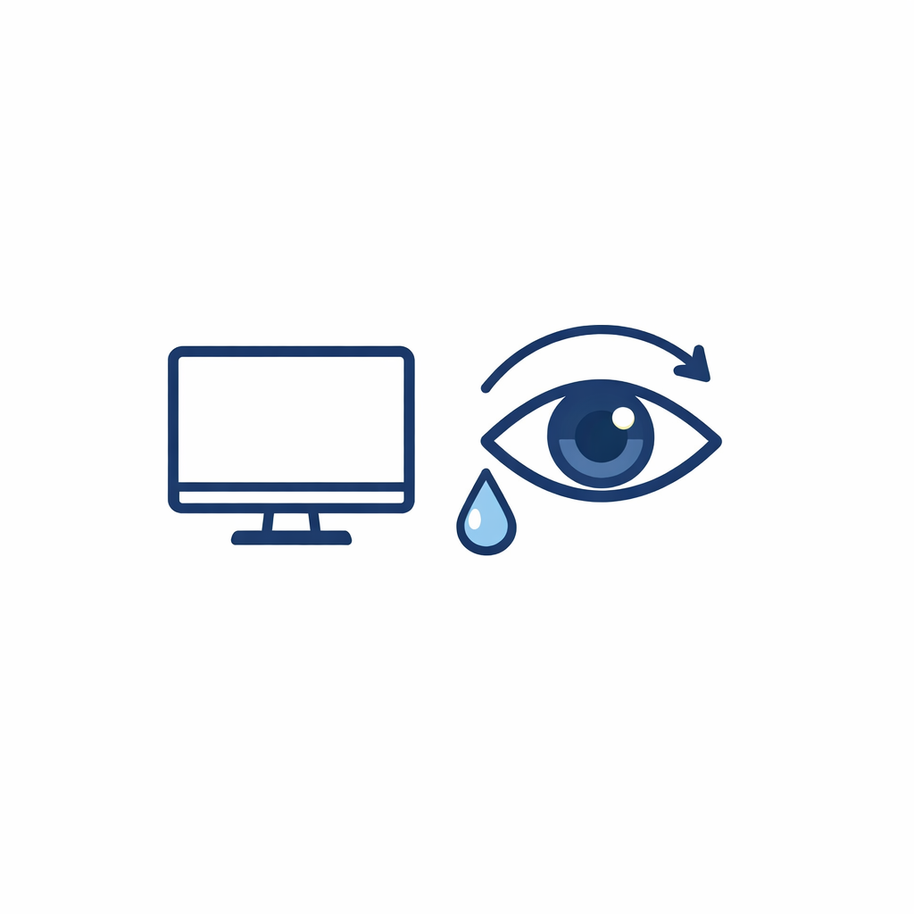 A monitor icon and an eye with a droplet suggest dryness from screen time and the need for blink breaks.