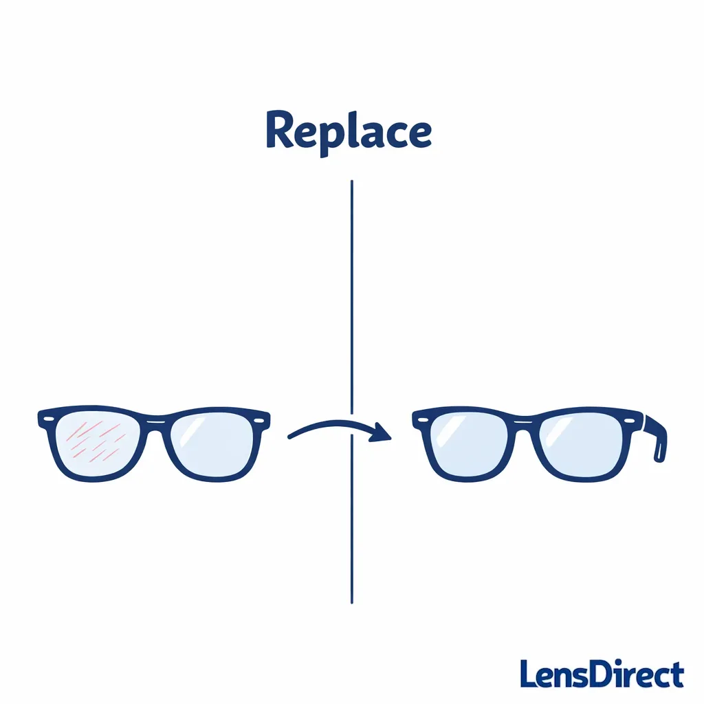 Decision split showing replacing scratched lenses in a favorite frame versus buying a new pair.