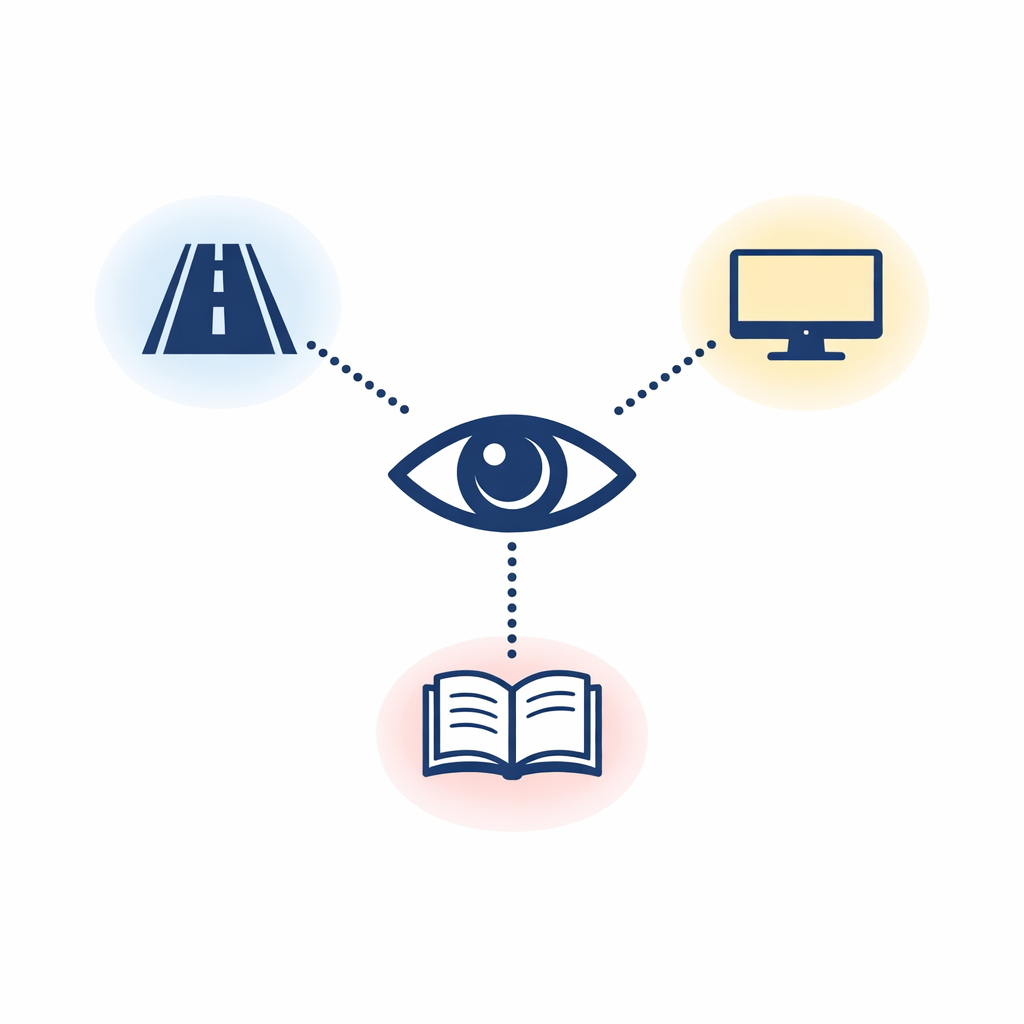 An eye icon connects to three focal zones for distance, screen, and reading using simple symbols.