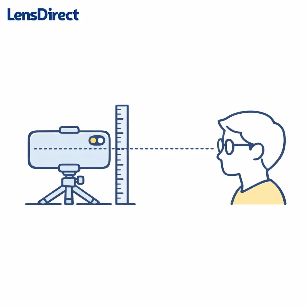 A phone on timer faces a person wearing glasses while a mm ruler sits beside the lens for scale.