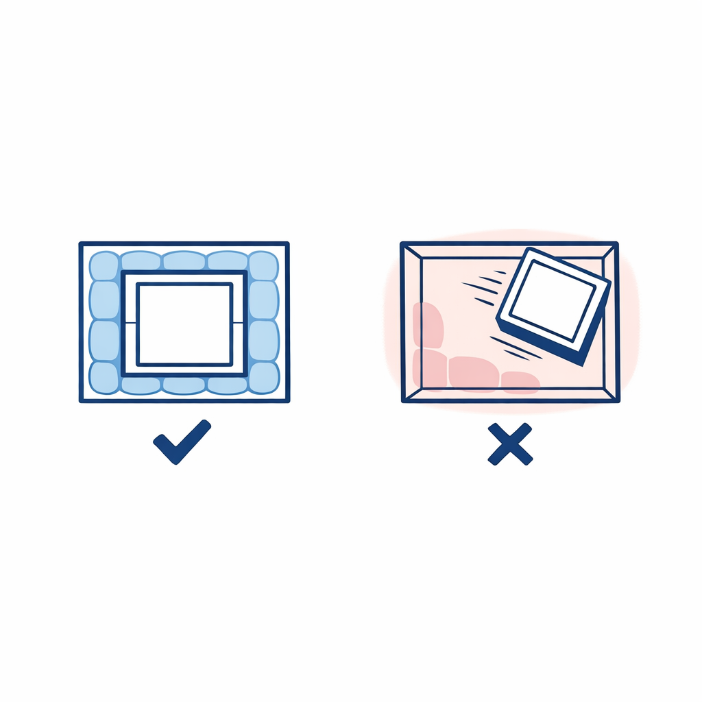 Comparison shows a snug box with cushioning versus an oversized box that allows shifting.
