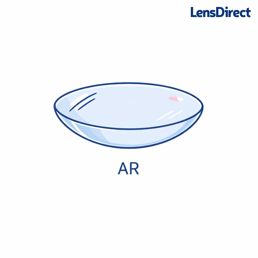 Lens surface with reflected glare lines reduced by an AR coating layer shown as a thin overlay.