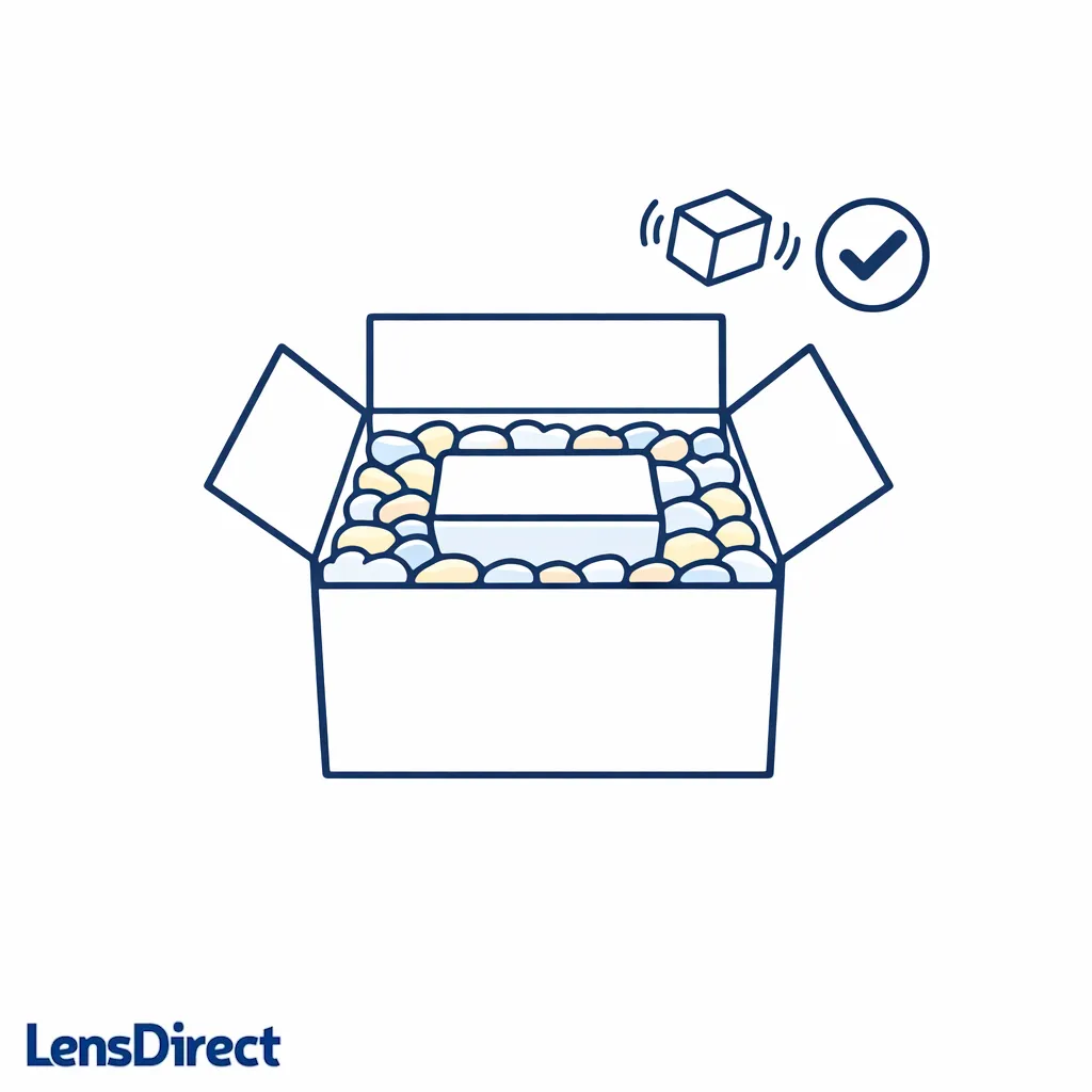 Diagram shows void fill surrounding the inner case so it cannot shift inside the shipping box.
