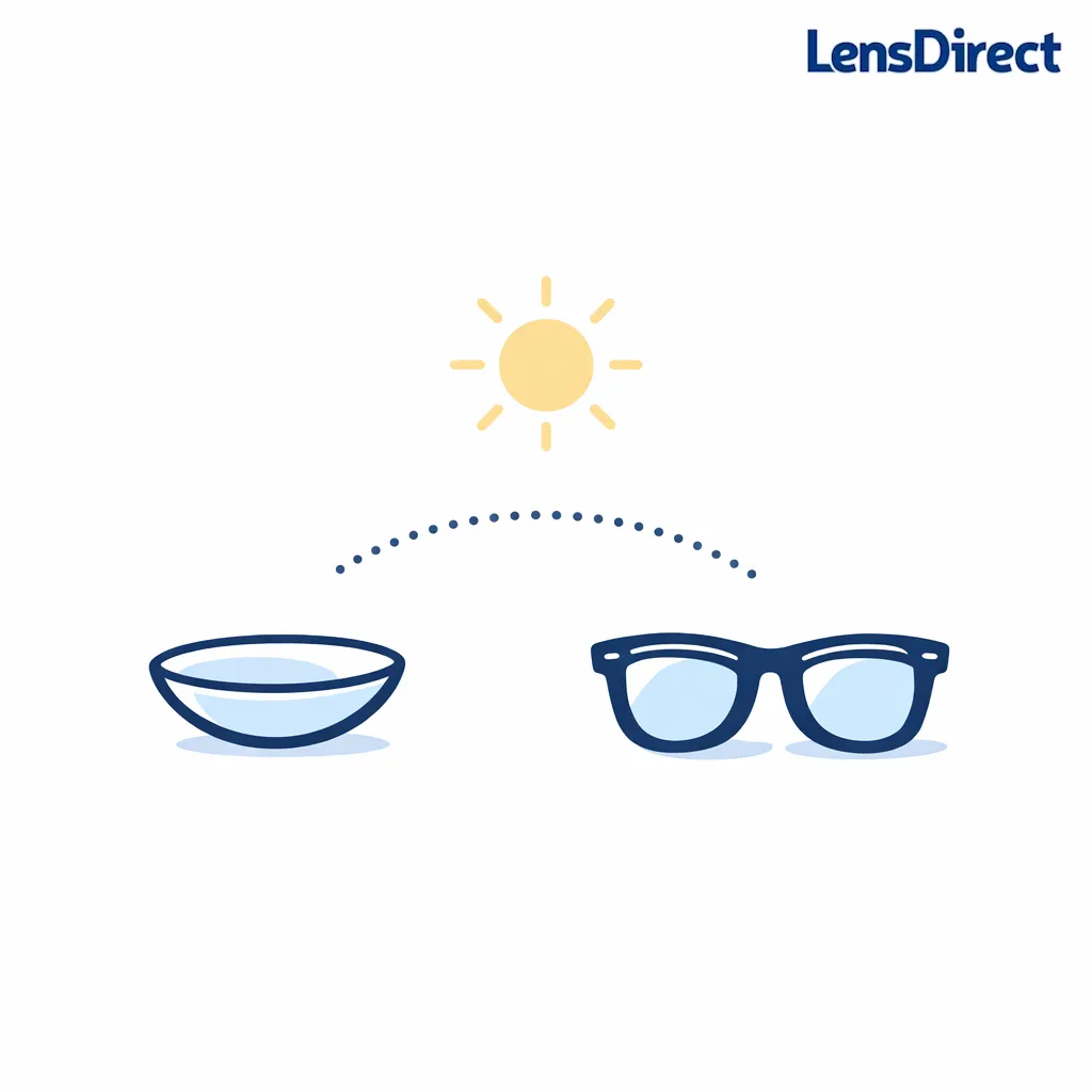 A contact lens icon pairs with sunglasses to show a flexible glare plan without changing the lens.