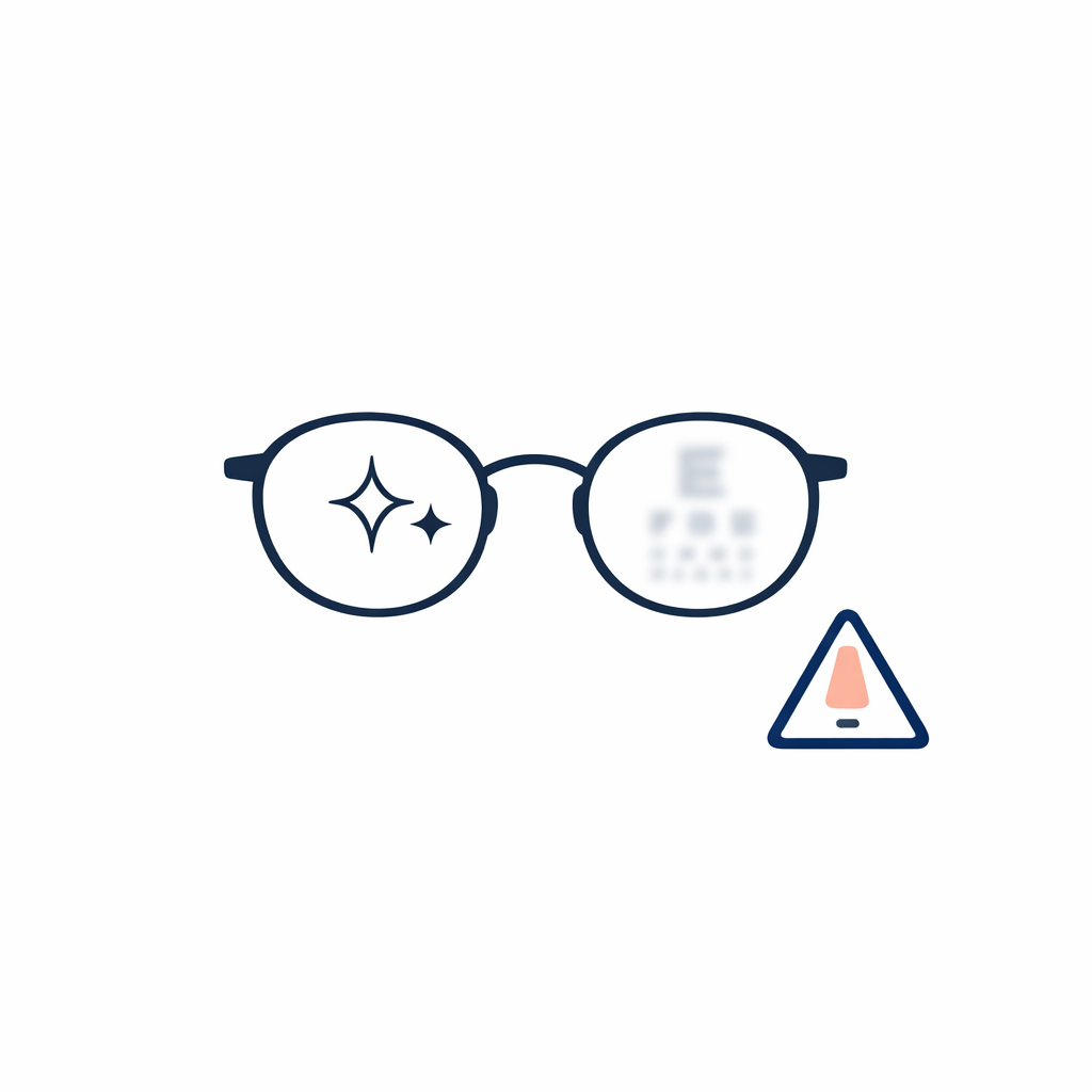 A lens diagram pairs a clear coating icon with a subtle warning that coatings cannot replace an updated prescription.