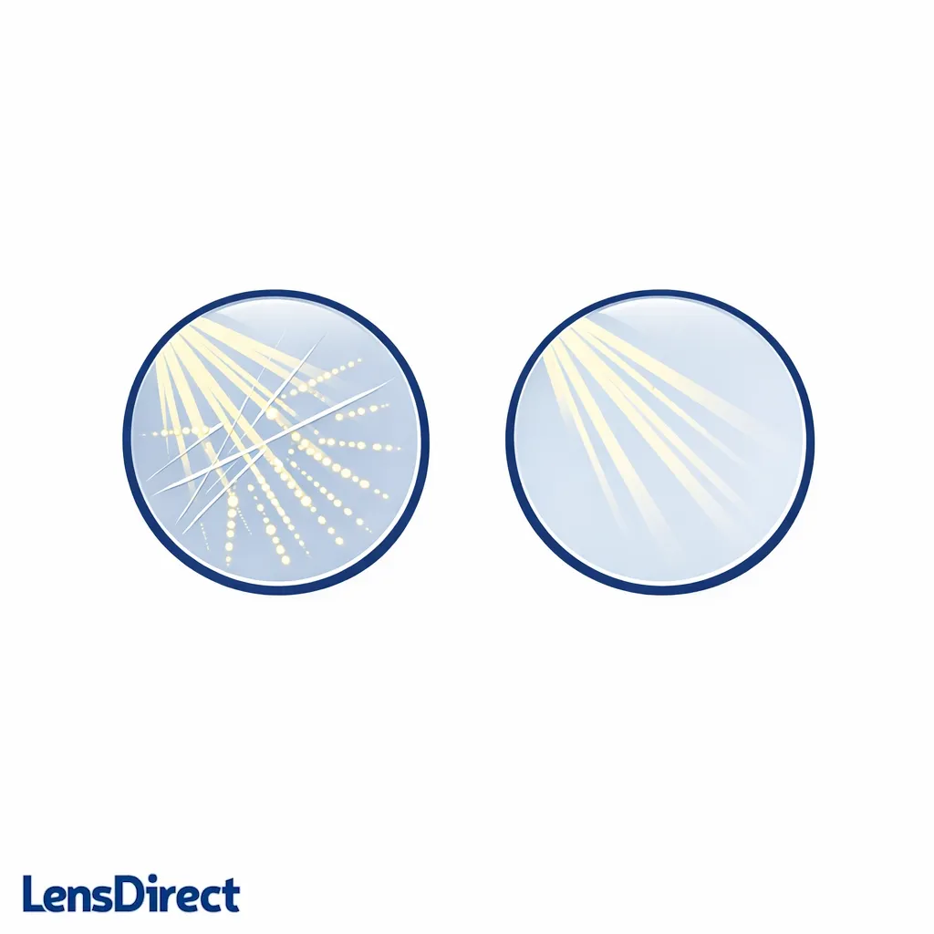 Close-up of a lens with tiny scratches causing light scatter compared with a clear lens.