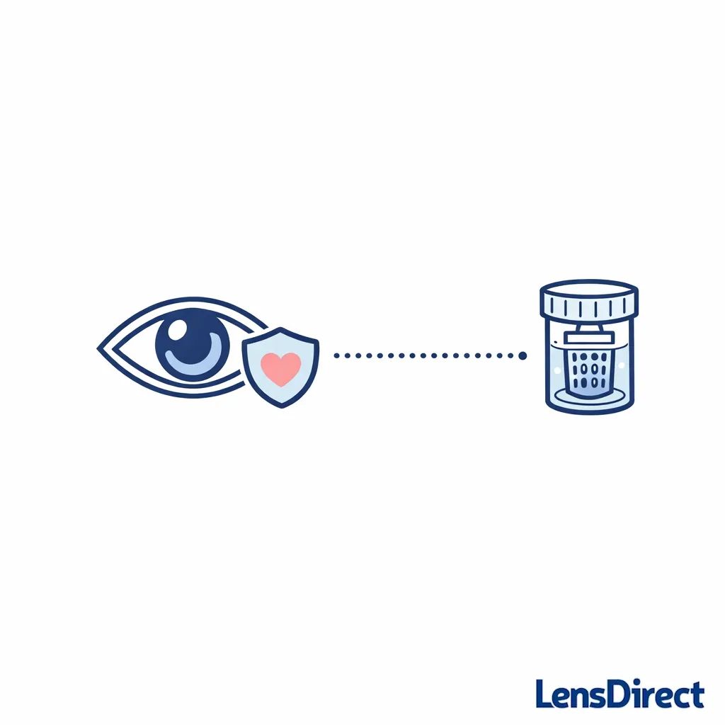 An eye icon with a gentle shield symbol and a peroxide case suggests a structured routine for comfort.