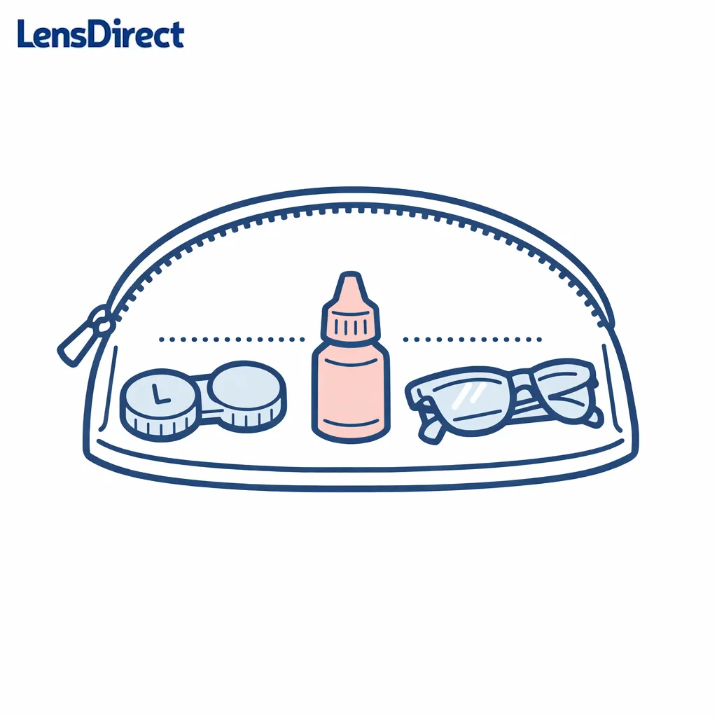 A compact kit shows a lens case, solution bottle, and backup glasses for travel days.