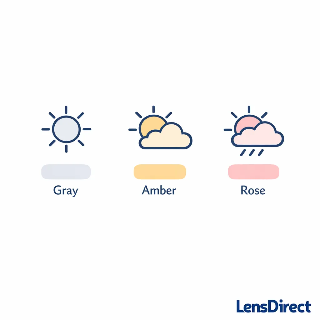 Three simple icons for midday sun, hazy light, and partial shade to guide tint selection.