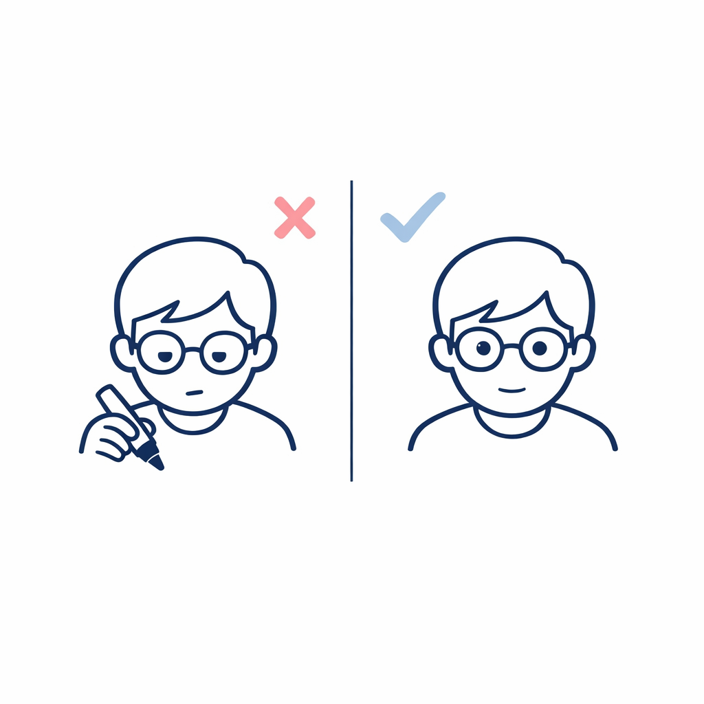 Eyes shift down toward the marker in one example and stay straight ahead in the correct example.