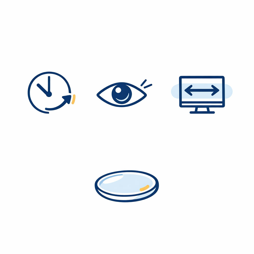 Icons show breaks, blinking, and screen distance as practical habits alongside lens options.