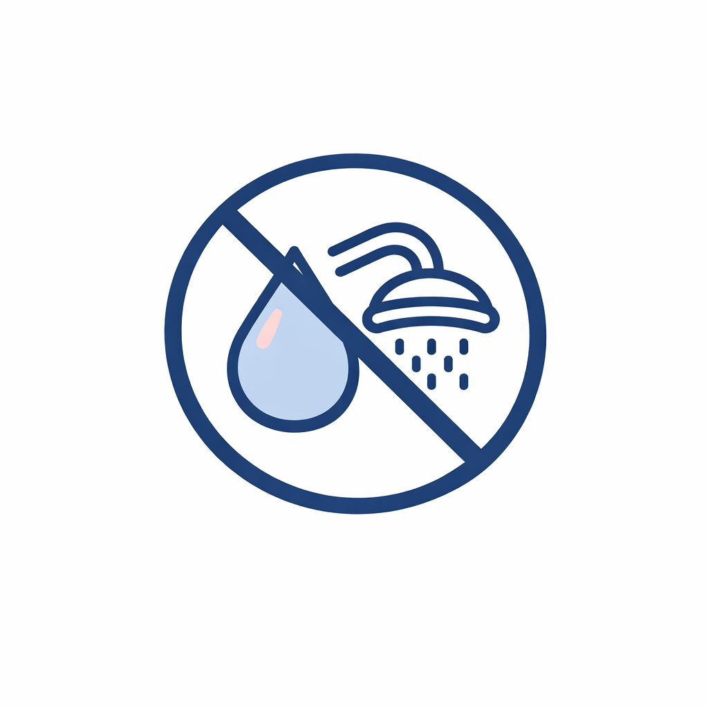 A water droplet and shower icon with a prohibition mark reinforces avoiding water with contact lenses.