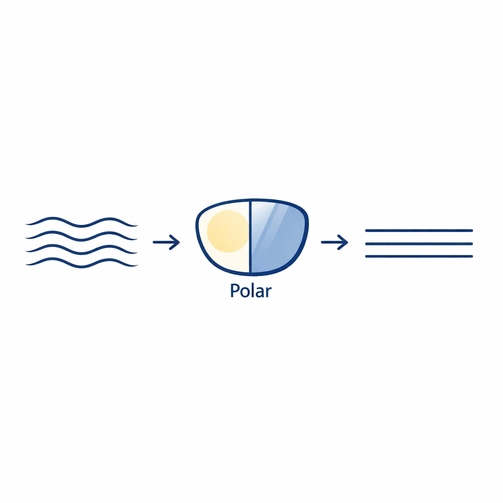 Simple diagram of horizontal glare lines blocked by a polarized lens filter in sunglasses.