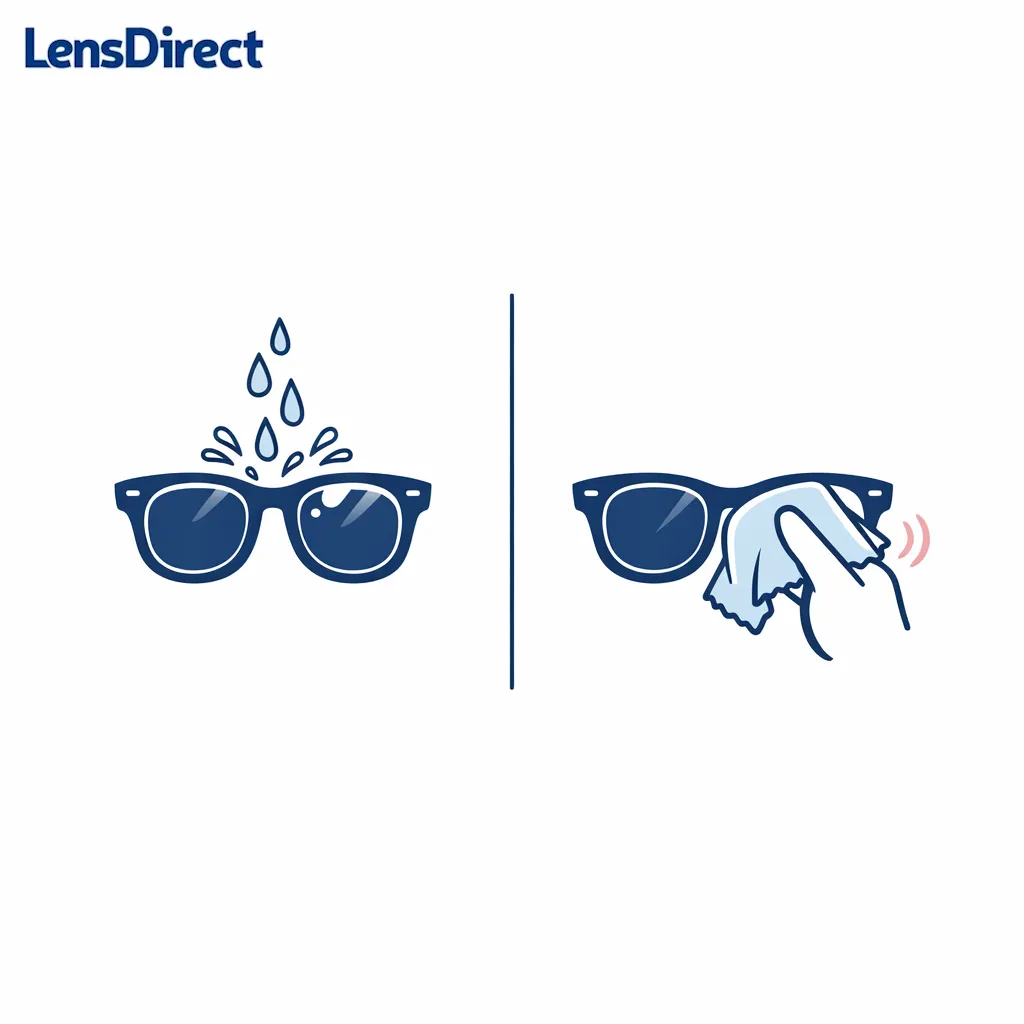 A two-step cleaning diagram shows rinsing sunglasses before using a microfiber cloth.