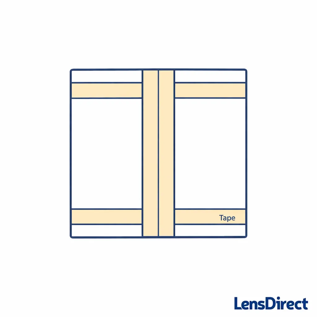 Instructional diagram highlights taping the center seam and edge seams for a secure seal.