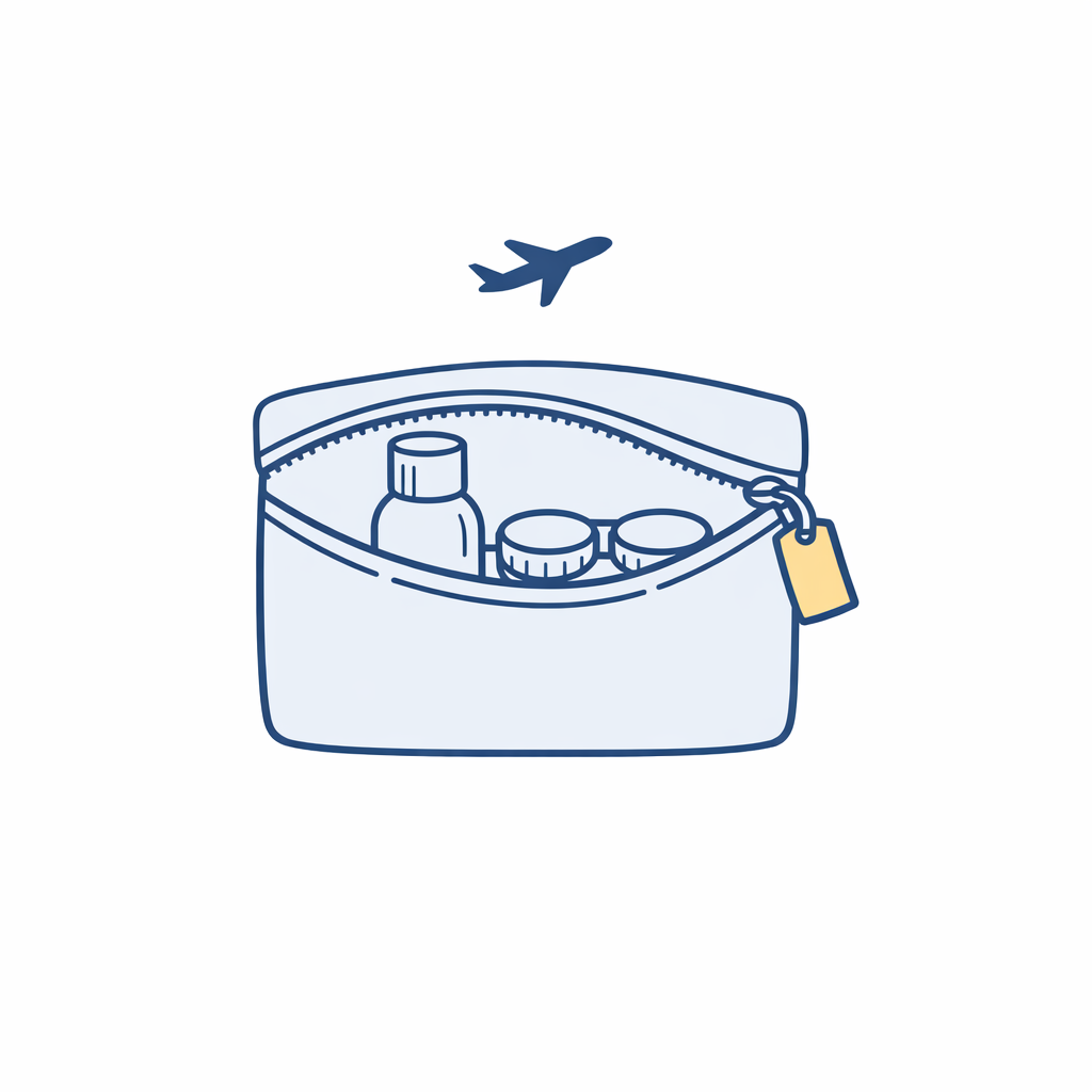 A small toiletry pouch shows a travel-size solution bottle and lens case with a minimal airplane icon.
