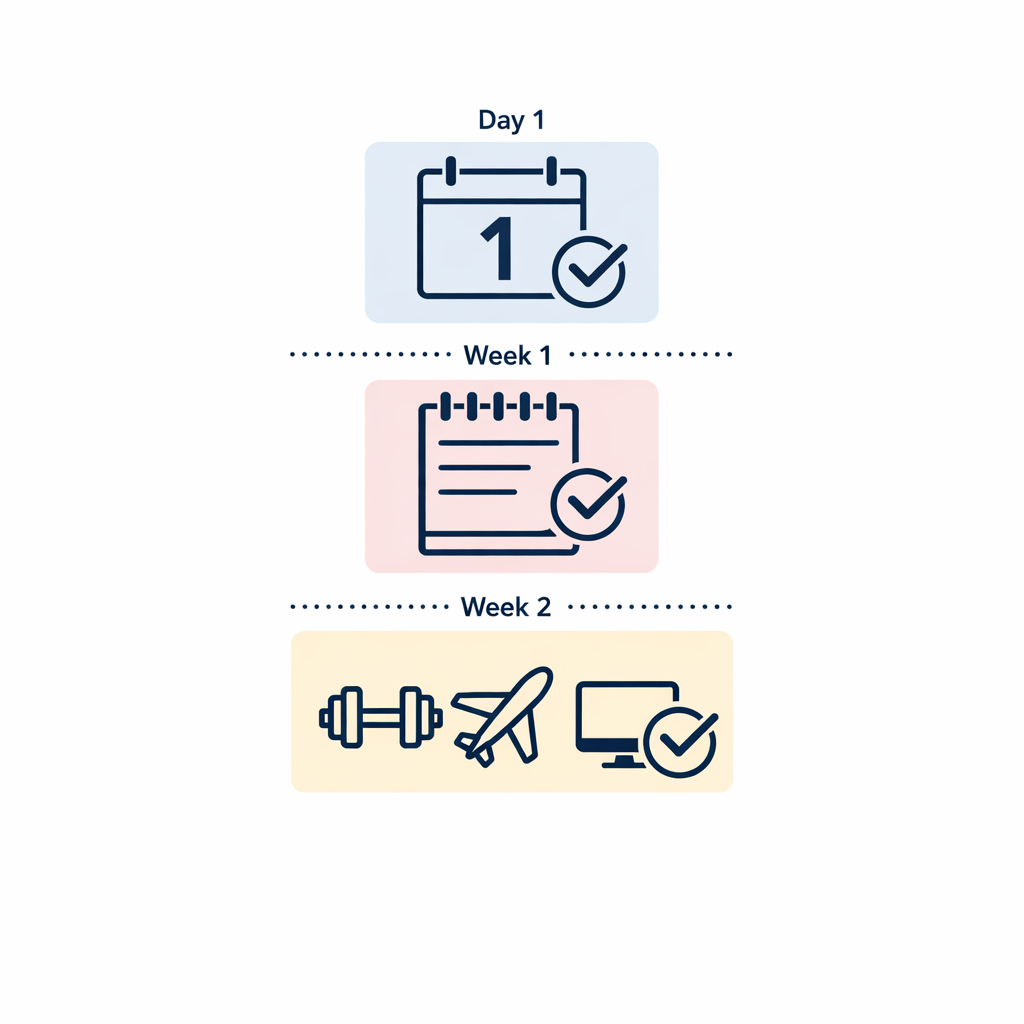A simple checklist card shows Day 1, Week 1, and Week 2 blocks with icons for notes and tests.