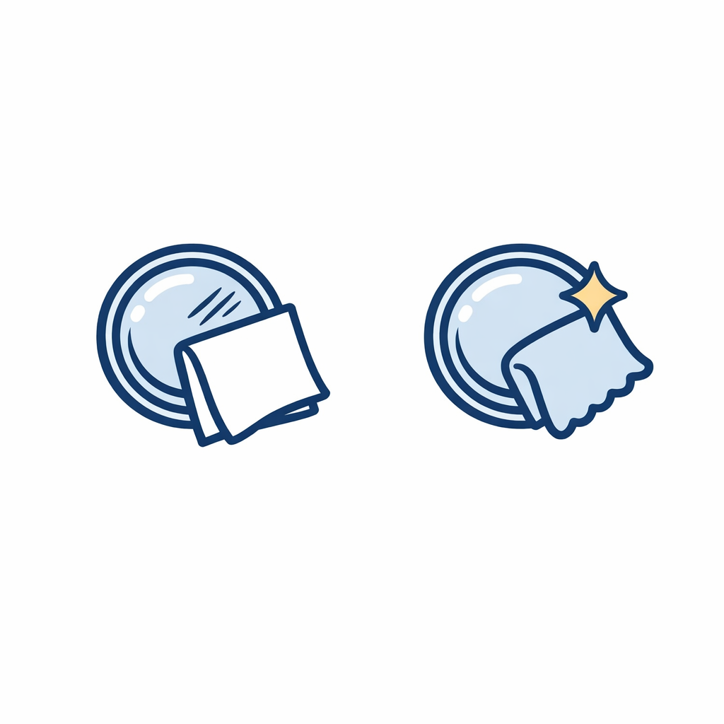 A paper towel icon with scratch marks contrasts with a safe microfiber cloth icon.