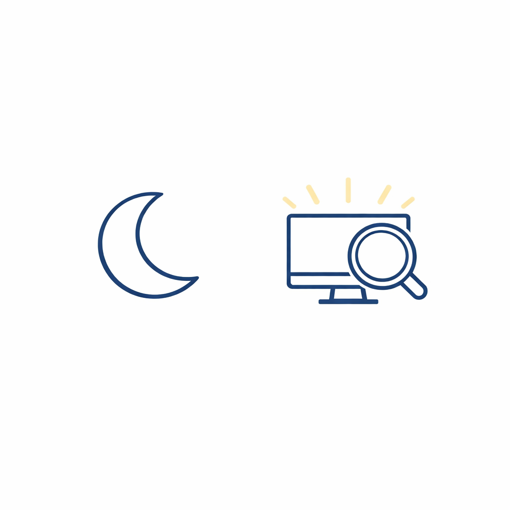 A moon icon and a dimmed screen illustrate evening light management with optional blue light filtering.
