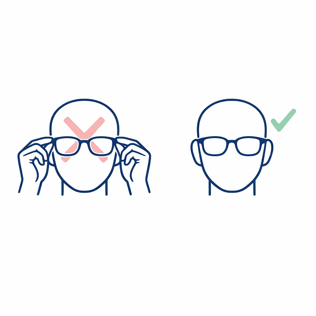 A frame held in front of the face is crossed out, while a worn frame is shown as correct.