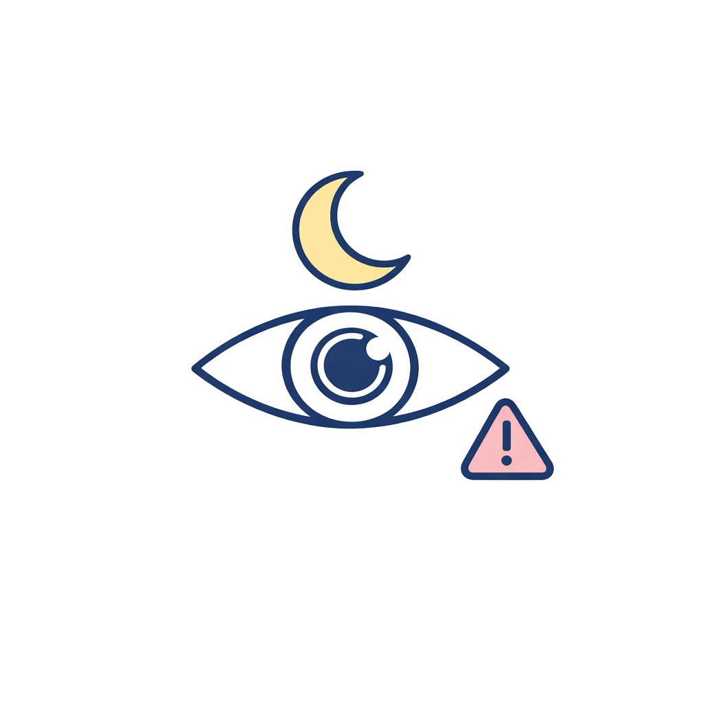 A crescent moon above an eye with a contact lens and a caution symbol suggests avoiding sleeping in lenses unless prescribed.
