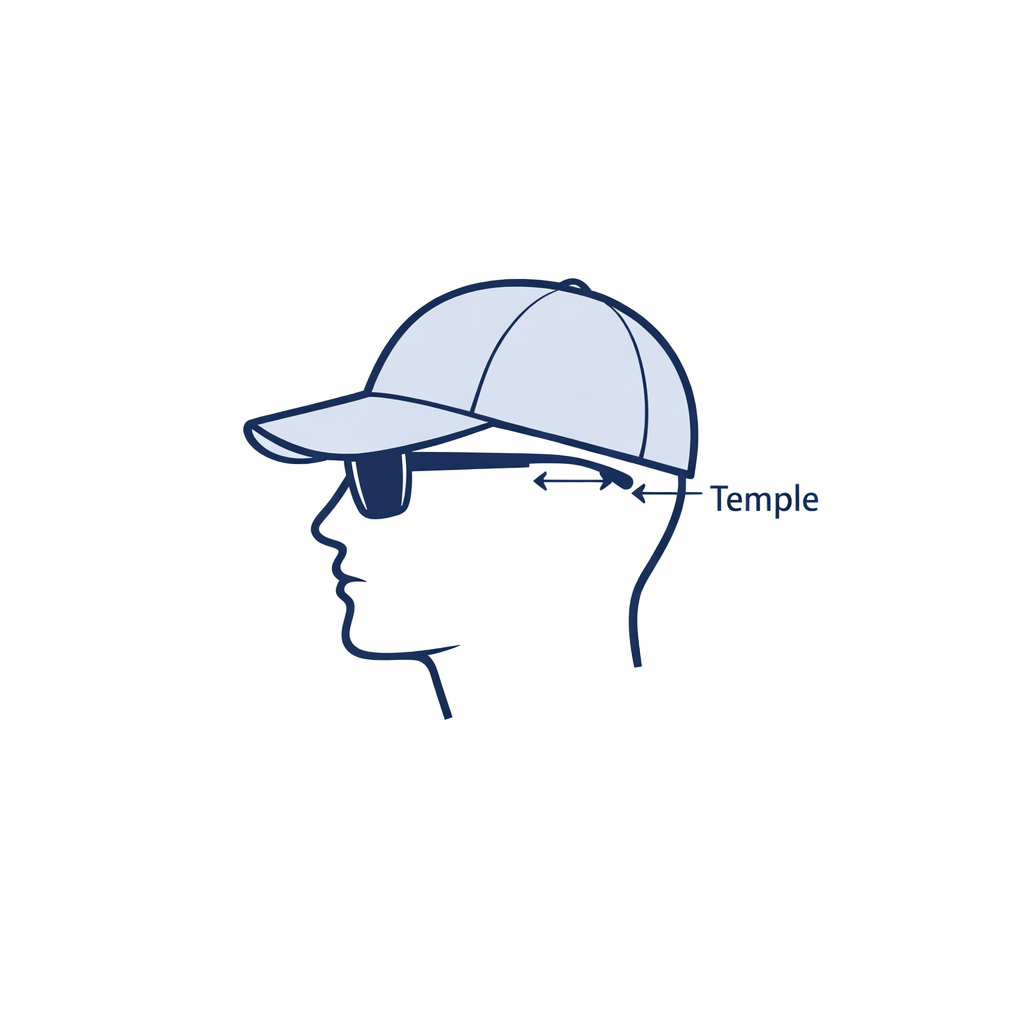 Line art showing sunglass temples fitting under a cap band without pinching for court comfort.