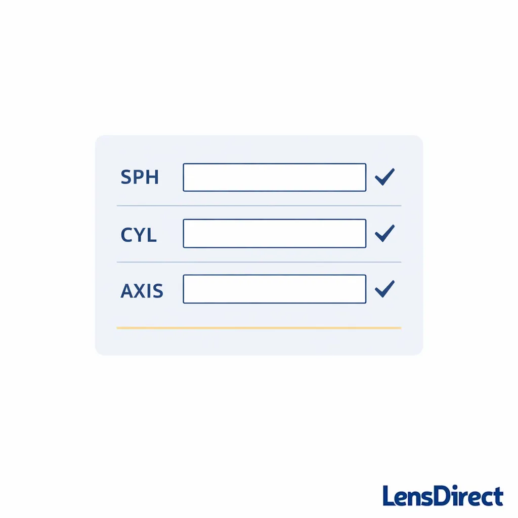 A clean form graphic highlights SPH, CYL, and AXIS fields to double-check before ordering online.