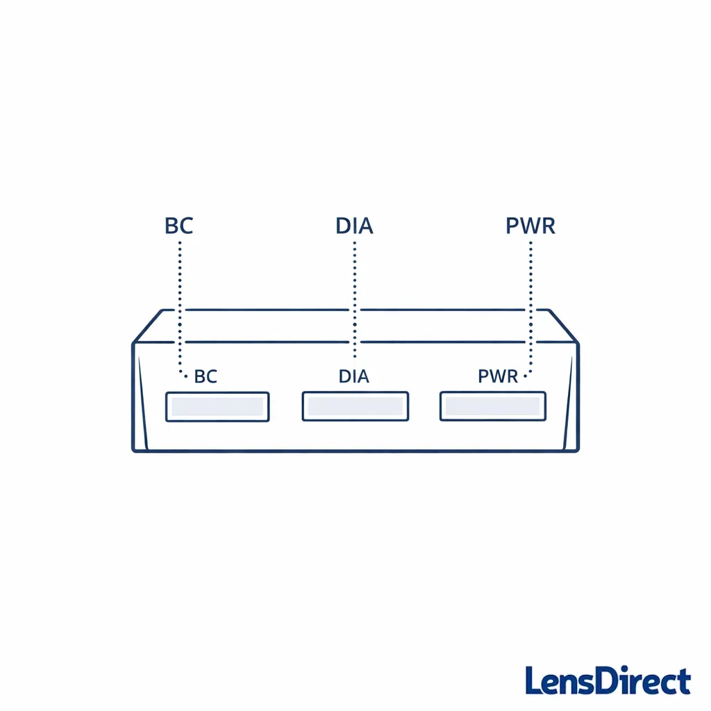 A simplified contact lens box shows highlighted fields for brand, BC, DIA, and power without real branding.