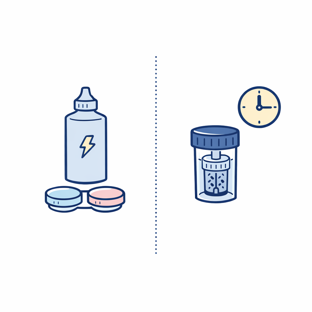 A split scene shows a flexible multipurpose setup versus a timed peroxide setup with a clock.