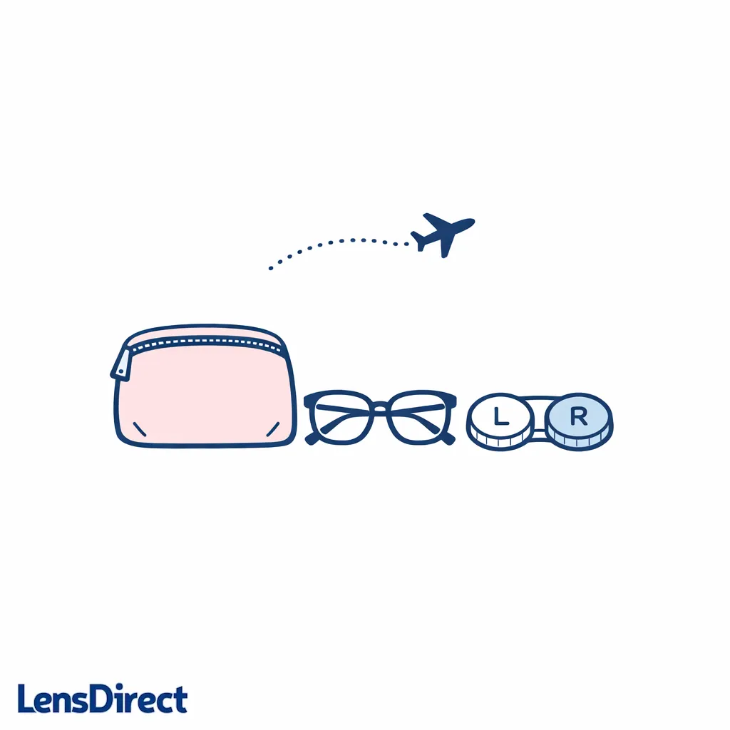 A small travel pouch shows contacts essentials alongside a glasses outline as a calm backup option.
