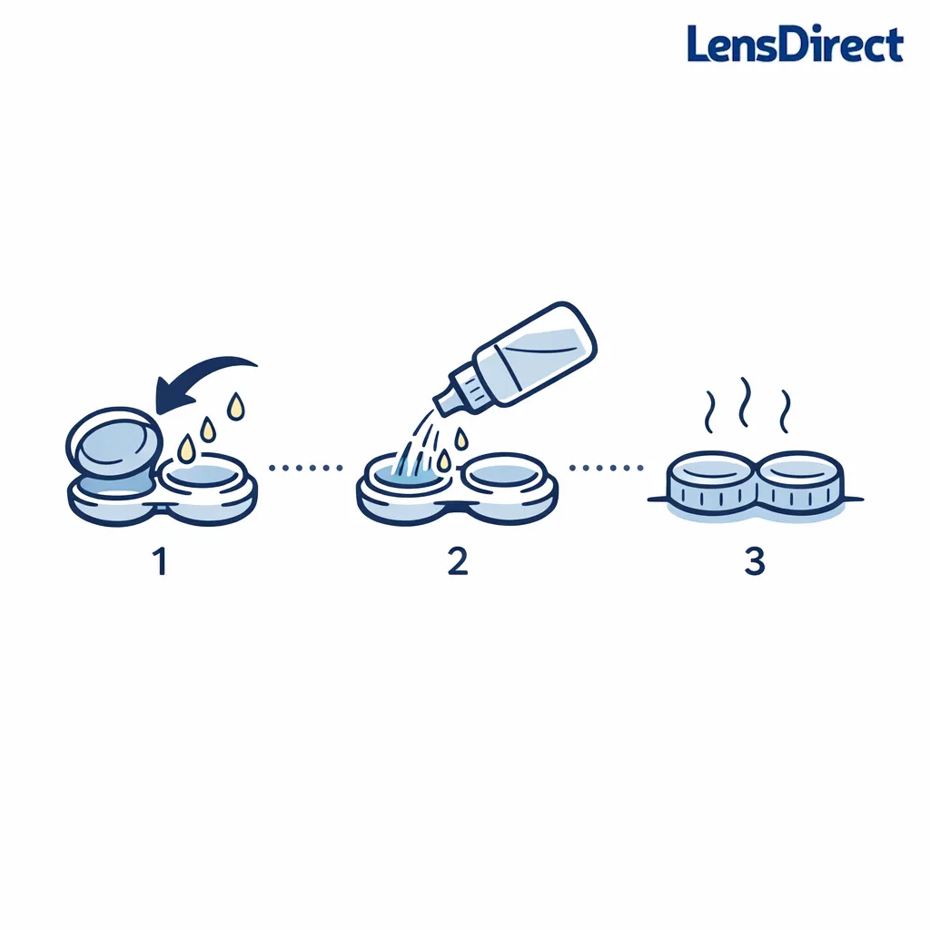 Three icons show emptying, rinsing with solution, and air-drying a contact lens case.