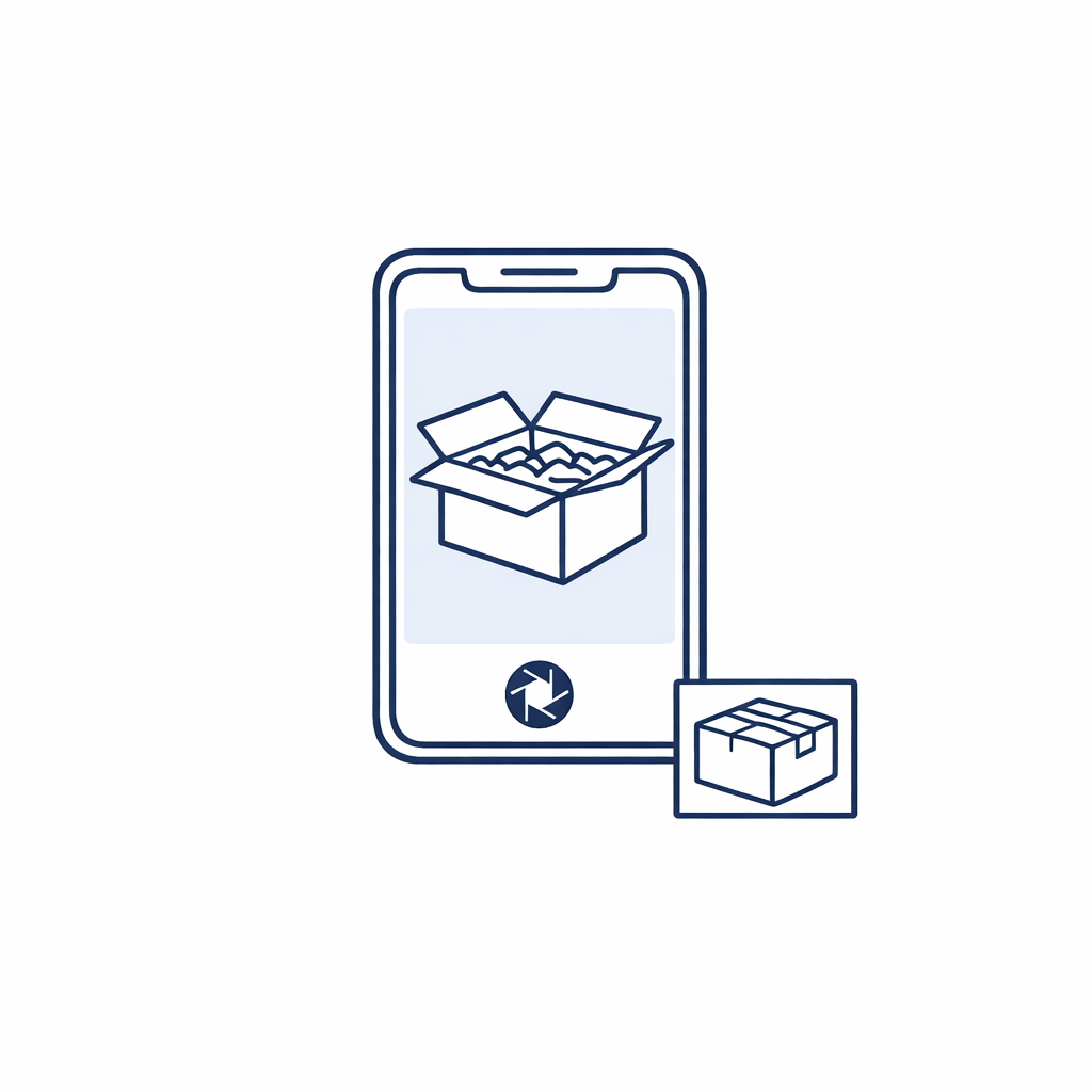 Diagram shows taking photos of the packed glasses and sealed box for proof before shipping.