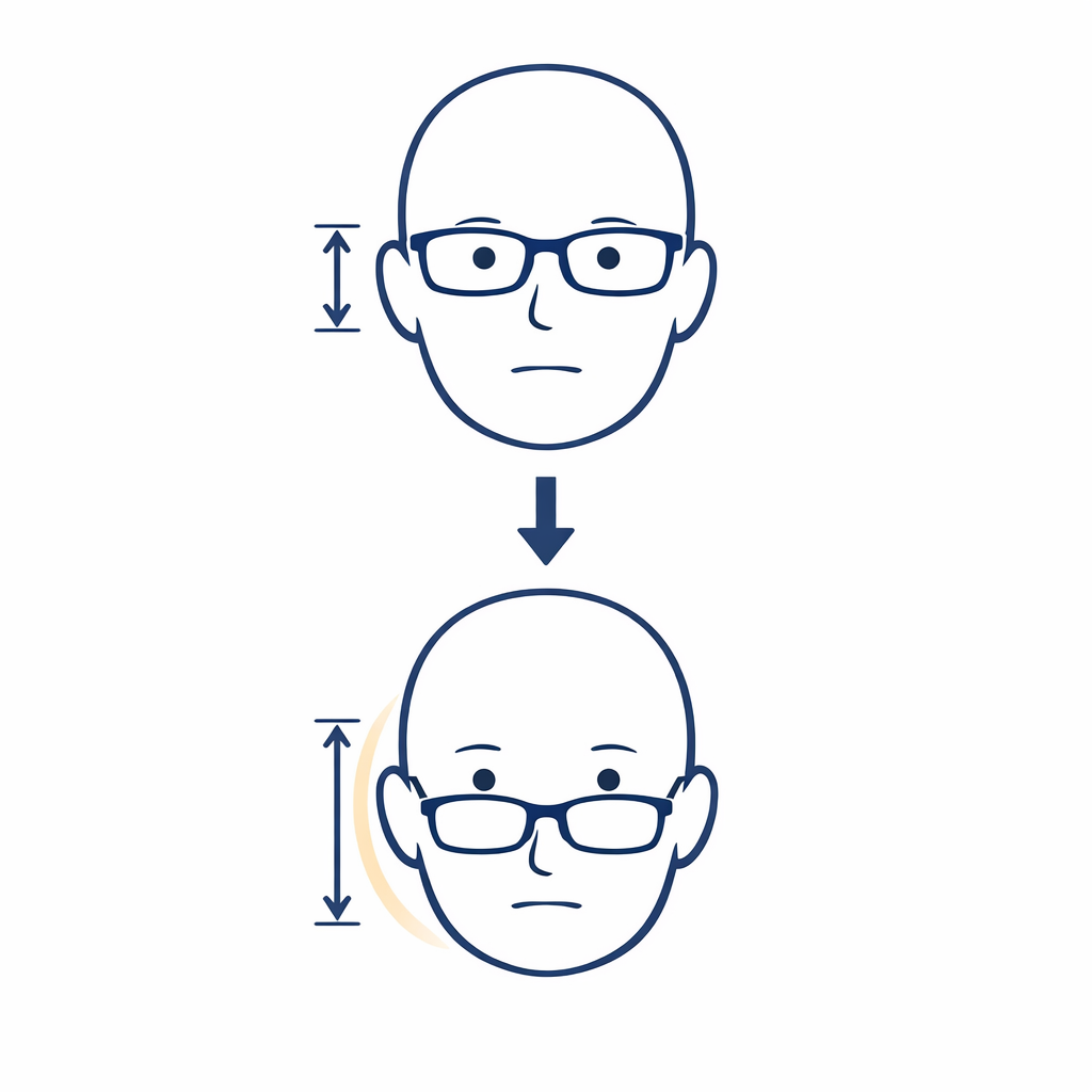 A glasses frame shown higher and lower on the nose illustrates how sliding affects segment height.