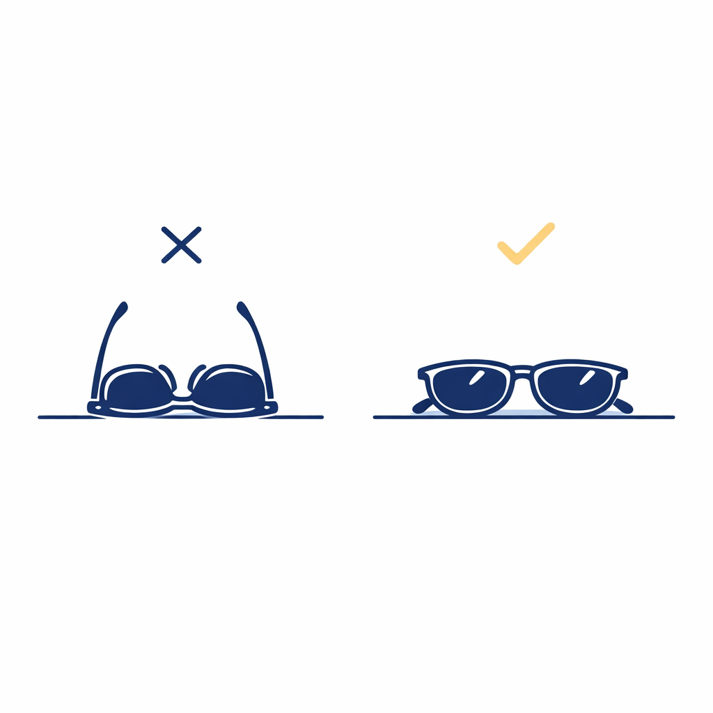 A tabletop icon shows sunglasses placed lens-up to reduce contact scratches.