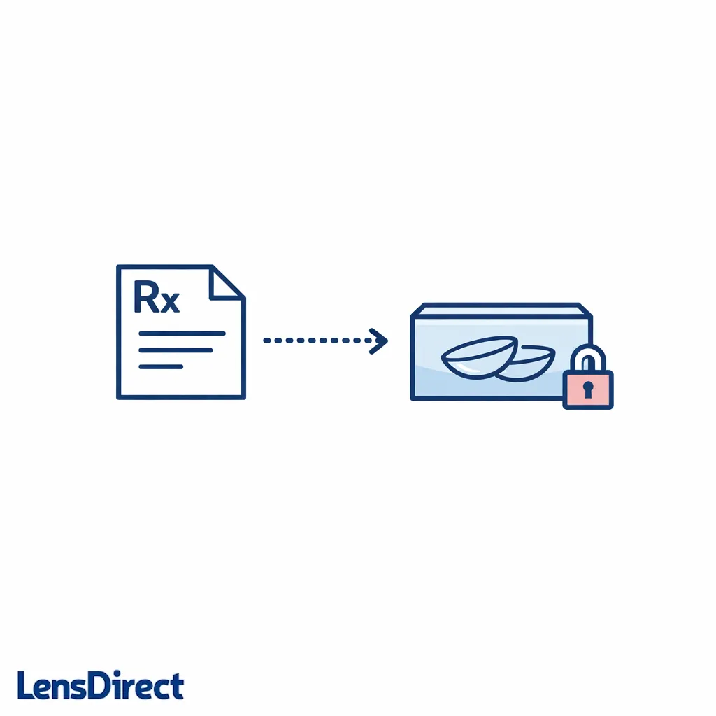 A prescription sheet icon points to a contact lens box icon to show matching the exact lens model.