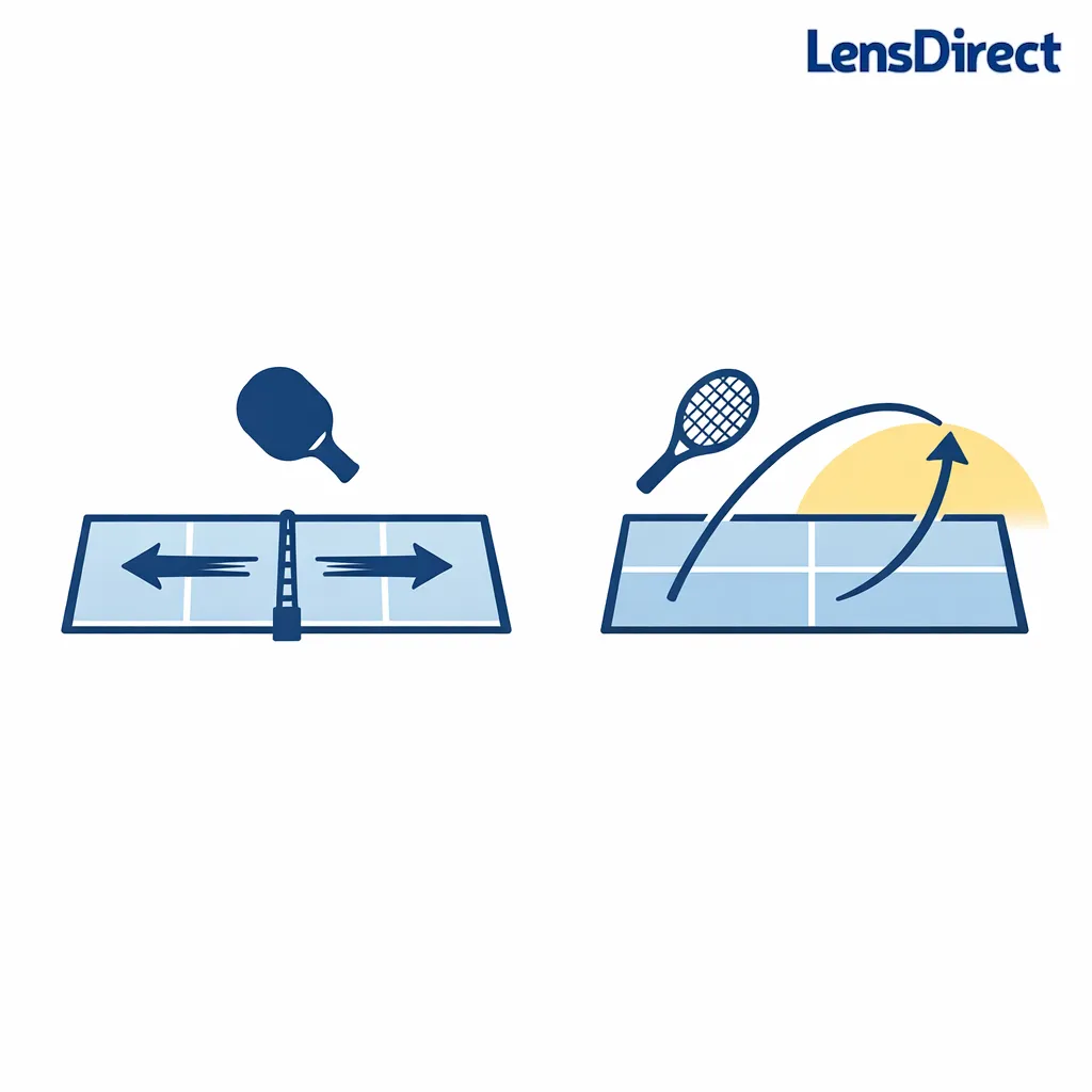 Two-court icons contrasting quick close-range exchanges in pickleball with more overhead tracking in tennis.