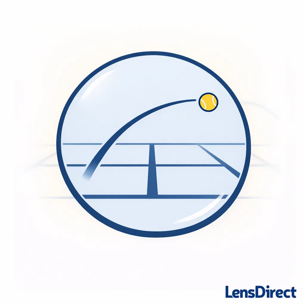 Illustration of a ball path staying visible against court lines when glare is minimized by sunglasses.
