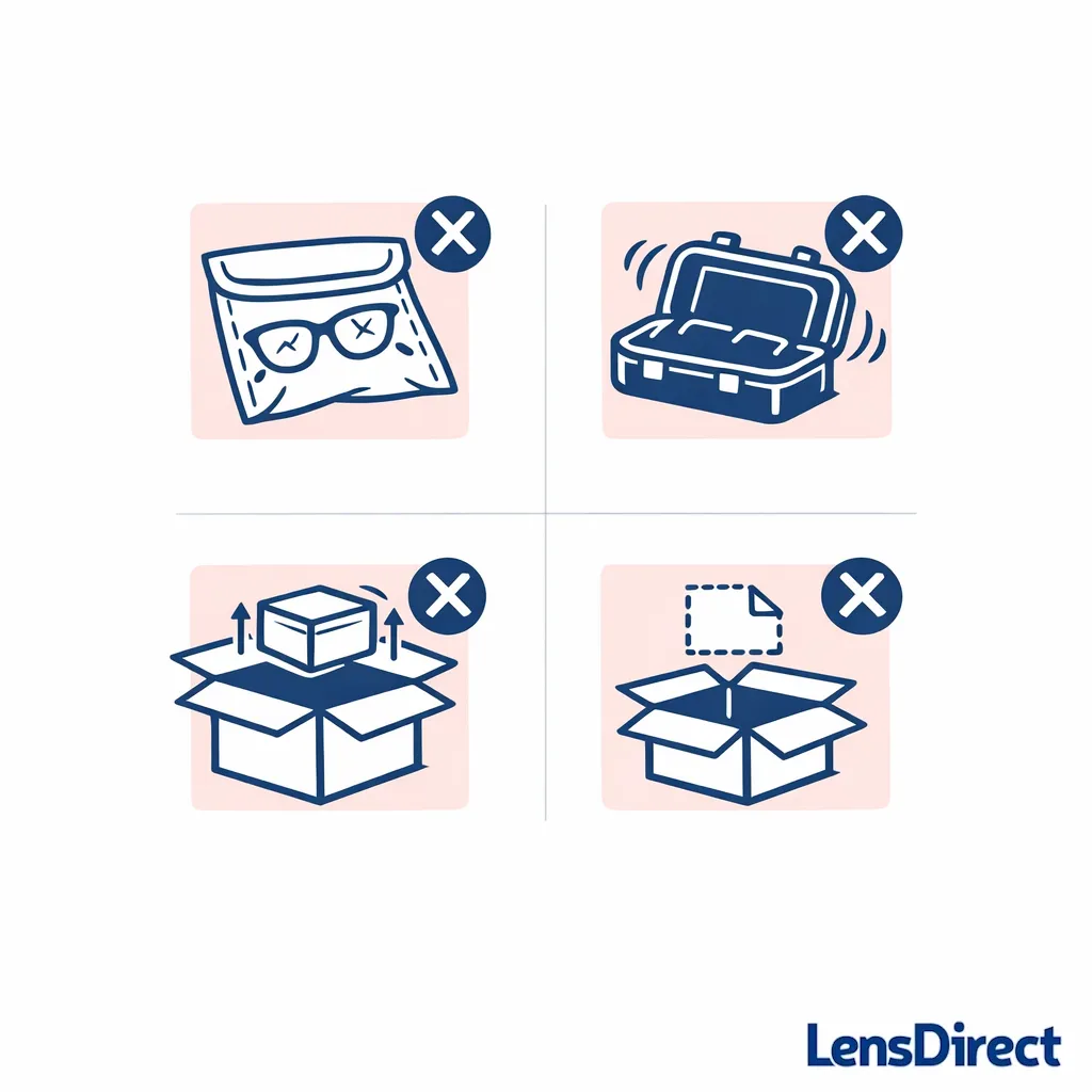 Four icons warn against soft mailers, loose packing, oversized boxes, and missing ID notes.