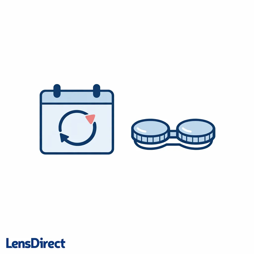 A calendar icon beside a contact lens case suggests routine replacement without specifying a schedule.