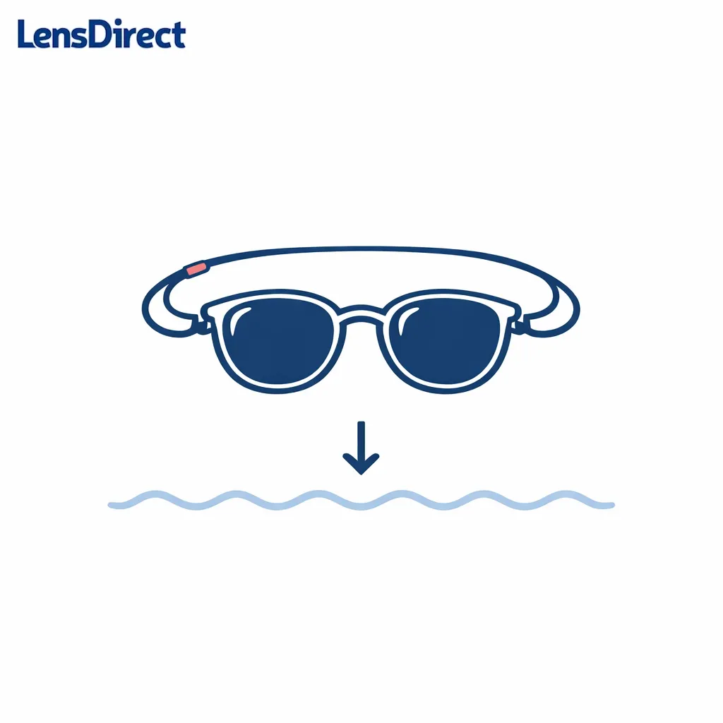 Sunglasses with a retainer strap are shown above stylized waves to prevent loss.