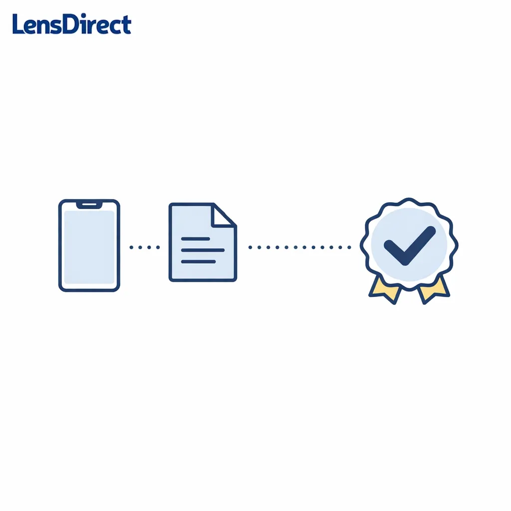 A phone, a document, and a checkmark illustrate prescription verification for online contact orders.