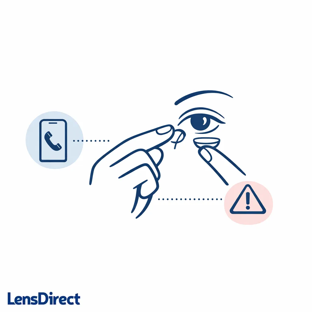 A contact lens being removed is paired with a phone icon and a caution symbol for safety-first guidance.