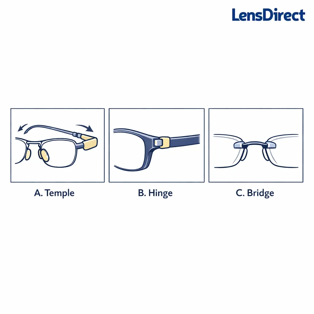 Three mini diagrams show packing priorities for metal, acetate, and rimless frames.