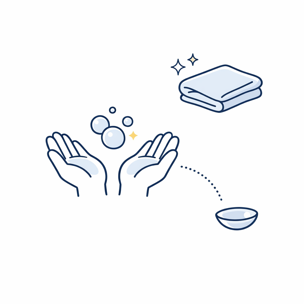 Clean hands with soap bubbles appear beside a contact lens to emphasize washing and drying first.
